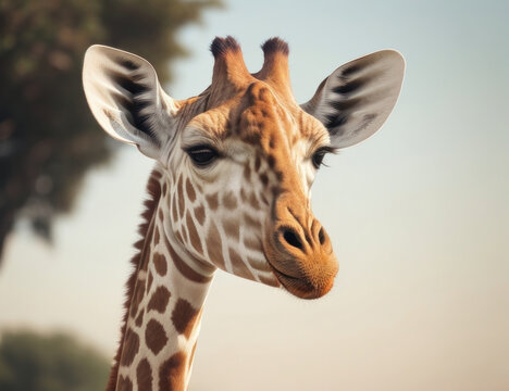 Illustration of a giraffe's head in a good mood against a blurred background.generative AI