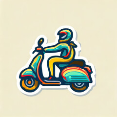 Sticker illustration, logo, man driving a scooter isolated on white background.generative AI