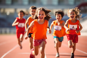 Group of children filled with joy and energy running on athletic track, children healthy active lifestyle concept - obrazy, fototapety, plakaty