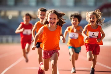 Tuinposter Group of children filled with joy and energy running on athletic track, children healthy active lifestyle concept © AspctStyle