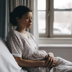 A sad pregnant woman in the hospital suffering from prenatal depression and regret. Abortion....