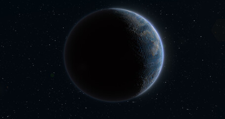 Abstract realistic space spinning planet round sphere with a water surface in space against the background of stars