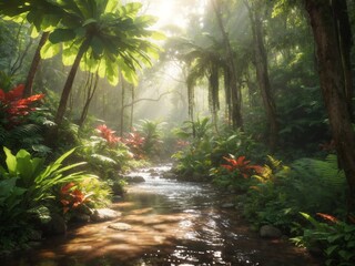 a tropical garden, tropical jungle and colorful flowers and waterfall, tropical forest waterfall