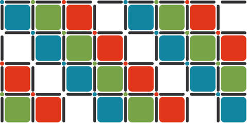 Puzzle of red, green and blue cells. For pillow, cloth, background, packaging, wallpaper. Seamless vector.