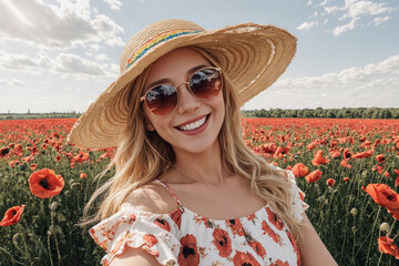 selfie of a young woman in a red poppy field, generative ai