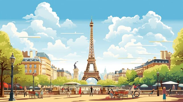 Sunny Day in Paris Vector Illustration.