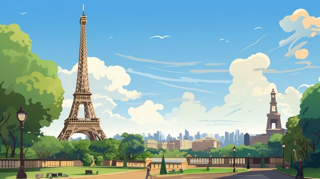 Sunny Day in Paris Vector Illustration.