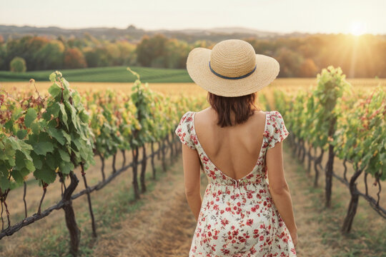 Young woman with straw hat standing in a vineyard, generative ai