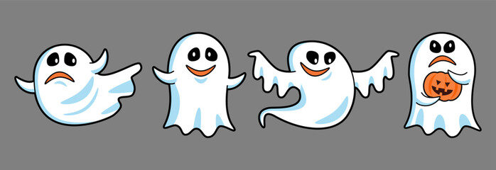 Set of cute White cloth ghost cartoon characters . Halloween concept . Isolate white background . Vector .