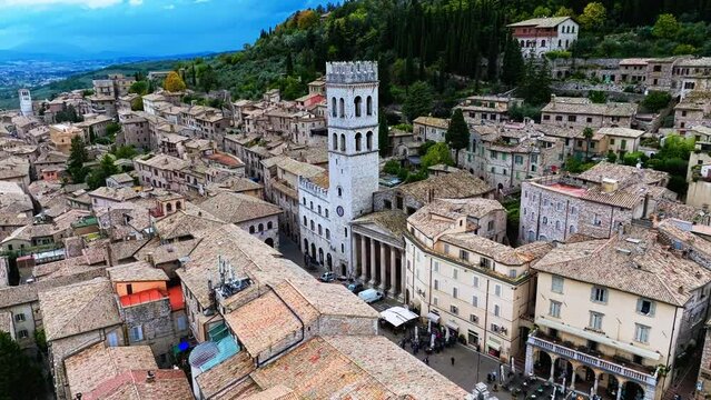 Aerial View Of Torre del Popolo And Temple of Minerva Facing The Piazza del Comune In Assisi, Italy.