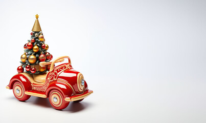 Festive red toy car carrying a decorated Christmas tree, capturing the spirit of holiday travels.