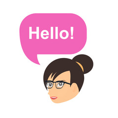 Woman says hello. Woman greeting, chatting greetings, vector illustration