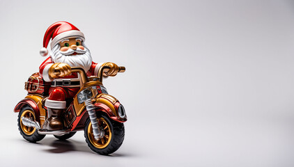 Santa Claus figure on a detailed motorbike, colored in traditional red and gold, suitable for seasonal decor.