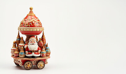 Fototapeta premium Intricately designed Christmas carousel with Santa and reindeers, showcasing detailed craftsmanship on a white background.