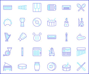Simple Set of music instrument Related Vector Line Icons. Vector collection of sound, piano, guitar, accordion, oboe, saxophone, drum, marimba, xylophone and design elements symbols