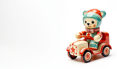 Vintage toy depiction of a character in winter attire on a red toy car, set on a white backdrop.