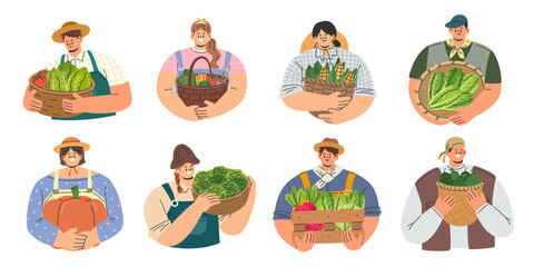 Collection of farmers holding baskets with fresh vegetables and fruits. Farming and agriculture concept. Work and harvest. Flat cartoon style vector illustration isolated on white background.