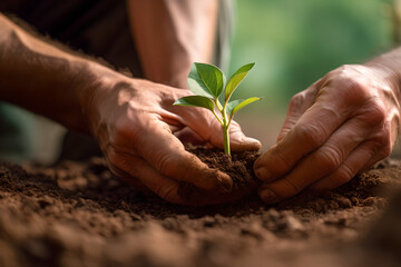 Close-up of a hand carefully planting a seed in the earth, a gesture that holds the promise of growth and life, connecting with the cycle of nature's renewal, morning sunlight