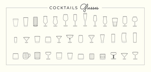 Vector line art set of alcohol glasses. Vector illustration