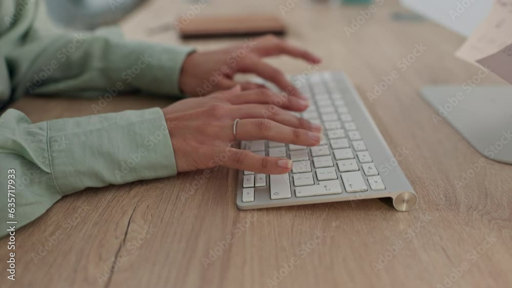 Poster Search, computer and hands of business person in office for planning, website and email. Communication, technology and keyboard with closeup of employee typing for networking, internet and online