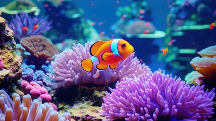Naklejka na ściany i meble nemo fish in aquarium with reef 