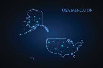 Map of USA Mercator. Wire frame 3D mesh polygonal network line, design sphere, dot and structure. communications map of USA Mercator. Vector Illustration EPS10.