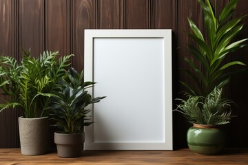 picture frame mockup on wooden desk with green plants in pots