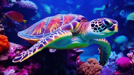 green sea turtle swimming under water coral beautiful