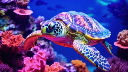 Fototapeta na wymiar green sea turtle swimming under water coral beautiful