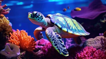 green sea turtle swimming under water coral beautiful