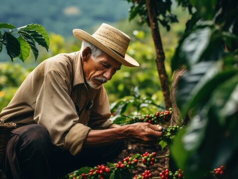 Oldman picking coffee bean fruit in garden harvest photo concept