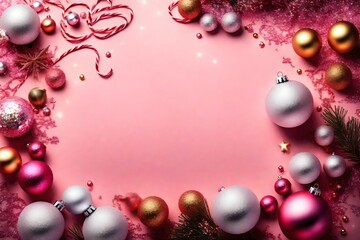 Obraz na płótnie Canvas Christmas balls frame on a pink glittering background free space