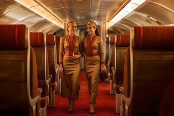 Pretty arabian stewardess in walk gracefully through the cabin, Portrait confident female flight attendant on airplane