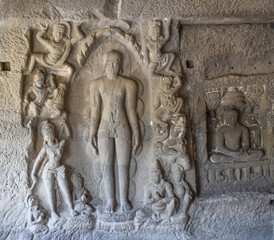 Sculpture of Jain god inside the Jain Caves, Ellora Caves (Maharashtra, India)