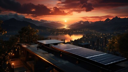 Fototapeta na wymiar Solar energy panels with city twilight. Generative AI