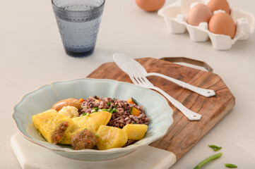 breakfast with fried eggs and bacon