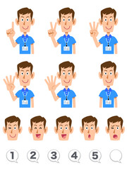 指で数字を数える半袖のポロシャツ姿でネームタグを身に着けた男性スタッフ　表情と数字のセット
