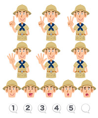 指で数字を数える探検家の服を着た男性　表情と数字のセット
