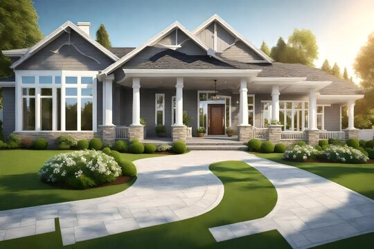 Beautiful exterior of newly built luxury home. Yard with green grass and walkway lead to ornately designed covered porch and front entrance. 3d rendering