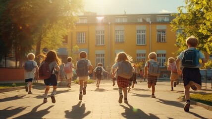 group of students run to go school with sun set light 