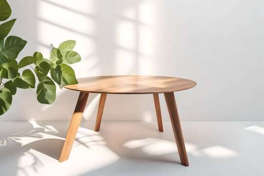 3D render background for products overlay. Close up of a round empty teak wood table with sunlight and leaves shadow on white wall behind. Organic Beauty, Natural concept. Mock up, Podium.  
