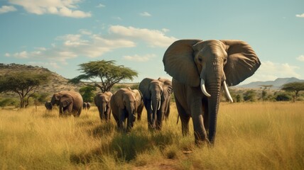 herd of elephants in the savannah walking on grass