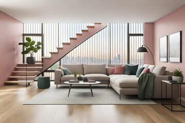 Modern living room with comfortable sofa, pastel colored walls, large windows, stairs to the second floor. A combination of dusty pink and shades of green. Trendy color combination