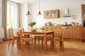 Fototapeta na wymiar Wooden kitchen room with dining table and chairs, parquet floor