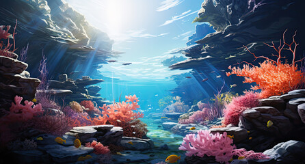 Fototapeta na wymiar Underwater landscape with corals and tropical fish. 3D illustration. created by generative AI technology.