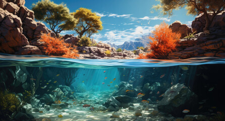 Fototapeta na wymiar Underwater view of beautiful coral reef and tropical fish. Underwater world. created by generative AI technology.