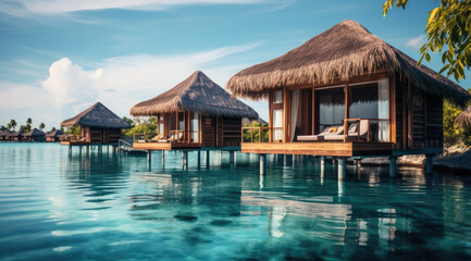 tropical beach with water bungalows and coconut palm trees. created by generative AI technology.