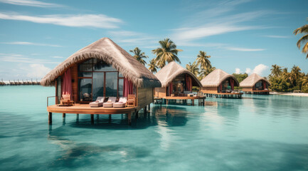 tropical beach with water bungalows and coconut palm trees. created by generative AI technology.