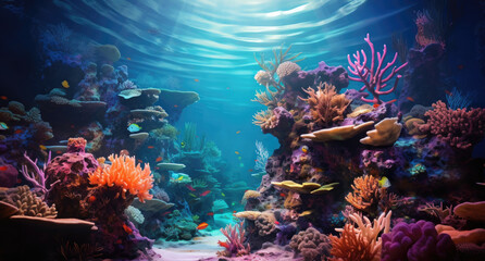 Naklejka na ściany i meble Underwater landscape with corals and tropical fish. 3D illustration. created by generative AI technology.