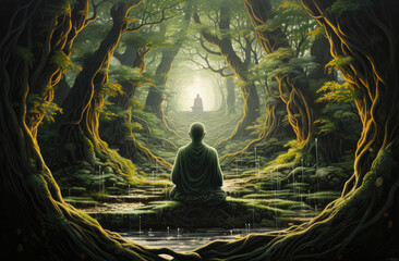 A monk meditating in a deep forest created by generative AI technology.